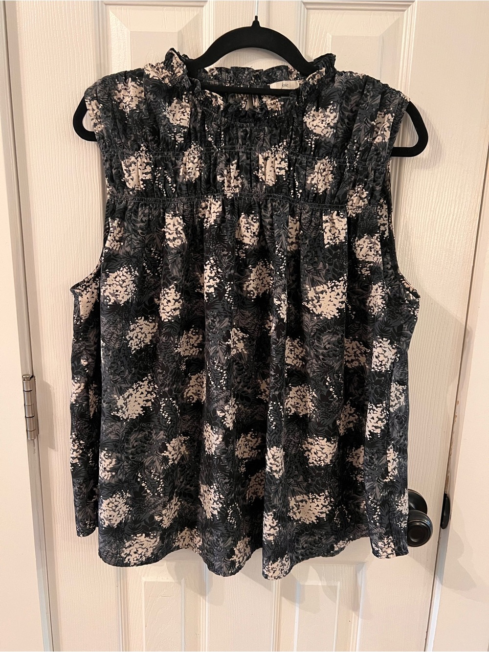 Joie Black and Cream Floral Smocked Yoke Sleeveless Top